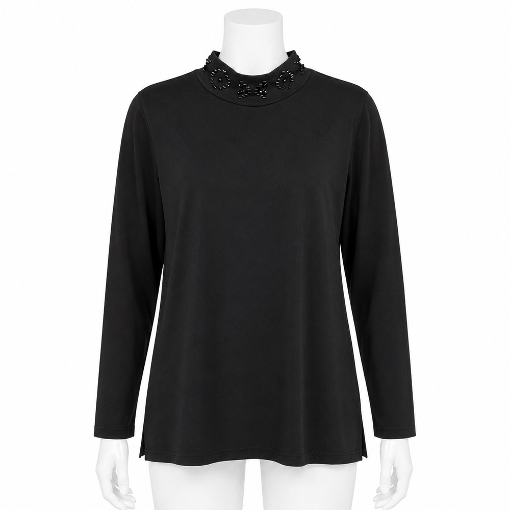 Susan Graver Artisan Top Women Medium Black Beaded Mock Neck Long Sleeve Blouse
